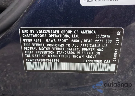 2015 Volkswagen Passat Se z USA, uszkodzony, nr VIN 1VWBT7A30FC099294